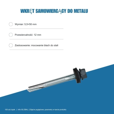 Wkręt samowiercący do metalu 5,5x50 mm, przewiercalność 12 mm, EPDM, 100 szt. – kolor do wyboru